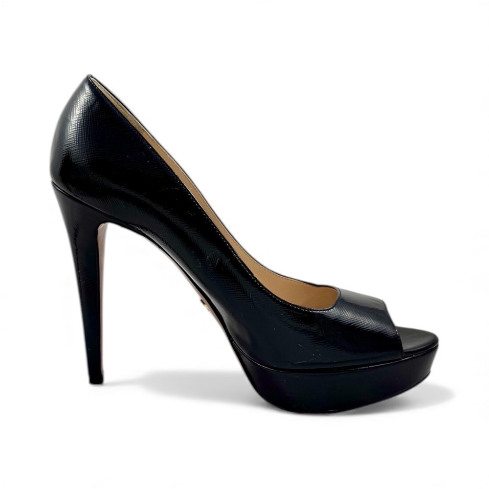 PRADA Vernice Saffiano leather peep toe platform pumps black size 39.5 - Picture 2 of 16